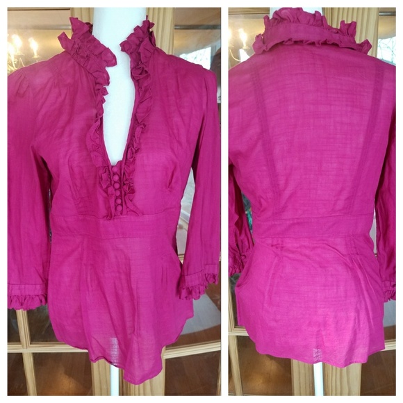 J. Crew Factory Tops - J. Crew Fuschia Ruffle Collar Cotton Blouse